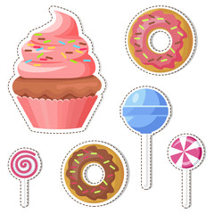 Cartoon Sweets Vector Stickers or Icons Set