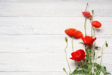 Keuken foto achterwand Klaprozen Rode papaver bloemen op wit rustiek houten oppervlak.