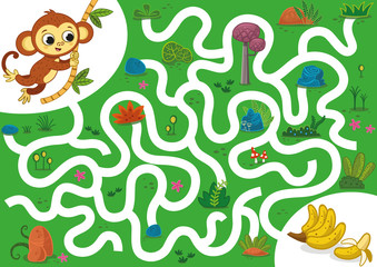 Help the monkey to reach bananas. Vector illustration puzzle game for kids.