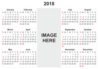 2018 calendar with white background and space for image.