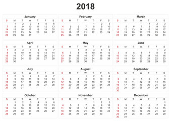 2018 calendar with white background.