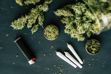 trichomes and crushed weed on a black table close up Joint weed Macro of cannabis buds marijuana...
