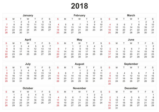 2018 calendar with white background.