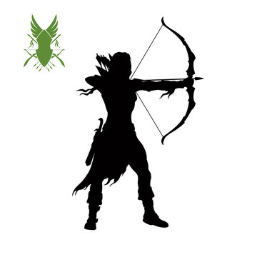 Black silhouette of elven archer with bow. Fantasy character. Games icon of scout with weapon. Isolated drawing of archery