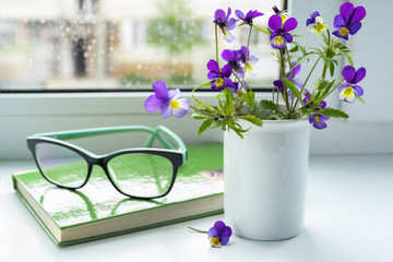 Wildflowers, book and glasses on the window in rainy weather