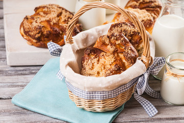 Bread buns in wicker basket and jars with milk 