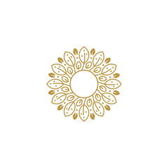 Hello spring summer logo vector illustration, leaves and geometric shapes. Circle nature icon