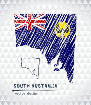 South Australia vector map with flag inside isolated on a white background. Sketch chalk hand drawn illustration