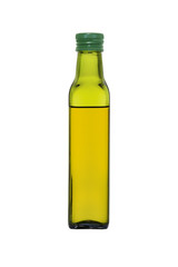 glass bottle with olive oil isolated on white background