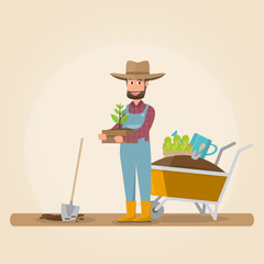 man with shovel planting a tree outdoors. vector illustration.