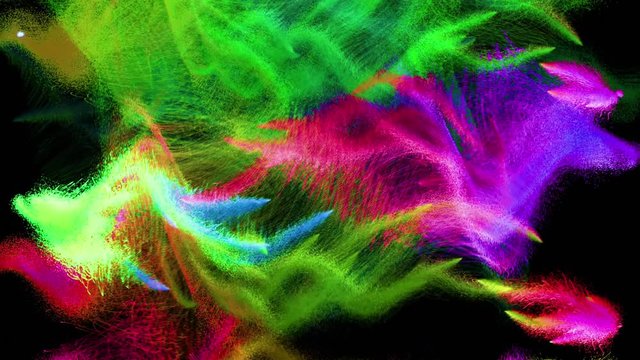 Flashes of bright multicolored particles flicker rapidly, 3D animation, seamless loop.