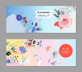 Creative universal artistic cards. Floral background. Trendy Graphic Design for banner, poster, cover, invitation, placard, brochure, header.