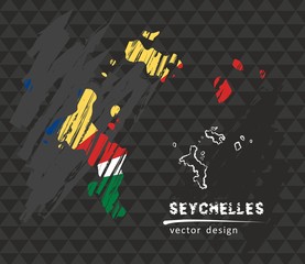 Seychelles national vector map with sketch chalk flag. Sketch chalk hand drawn illustration