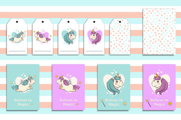 Postcards set with cute flying unicorns and his portrait. Cartoon hand drawn unicorn. Vector illustration.