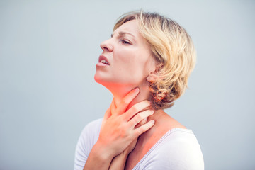 Throat Pain. Closeup Of Sick Woman With Sore Throat Feeling Bad, Suffering From Painful Swallowing....