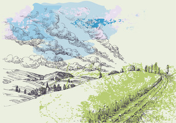 Hand drawn landscape. Green hills and blue sky