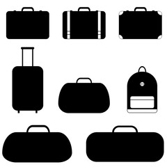 A set of silhouettes of travel types of bags . Set of bags for men and women. Luggage. Suitcase, backpack, bag on wheels, travel bag