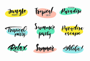 Set of hand drawn summer tropical inscriptions. Handlettering elements for party flyers and sea resorts. Vector illustration.