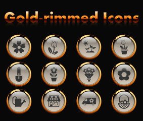 flowers gold-rimmed vector icons with black background