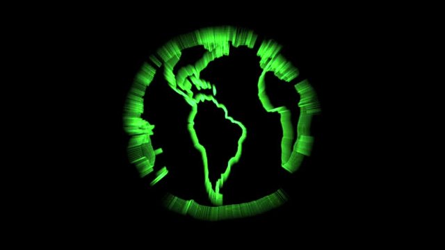 Green wireframe earth globe rotating against black background with light rays and seamless loop