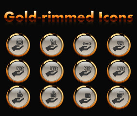 hand and money gold-rimmed vector icons with black background
