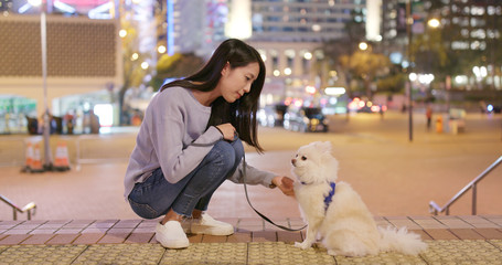 Woman go out with her dog in city at night © leungchopan