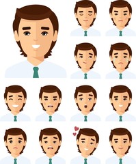 Set of different avatar people male in colorful flat style. Collection of various emotion expression avatar man happy, angry, sad, funny.