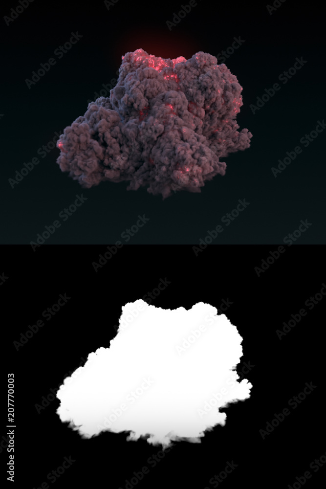 Poster large explosion with black smoke in dark 3d rendering