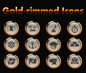 pirates gold-rimmed vector icons with black background