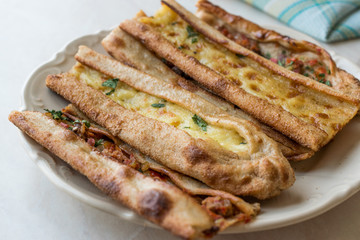 Turkish Pastry Konya Mevlana Pide with Cubed Meat and Melted Cheese