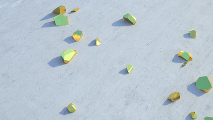 abstract golden geometric crystals. Minimal quartz, stone, gems. Low poly rock background. Natural light. 3d render 