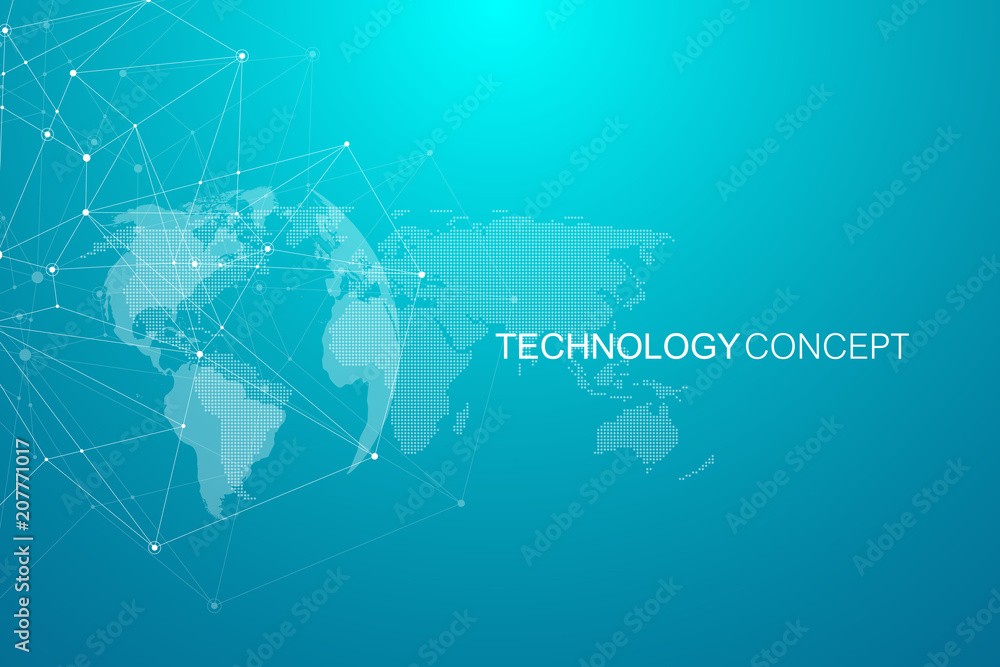 Poster Global network connections with world map. Internet connection background. Abstract connection structure. Polygonal space background. Vector illustration.