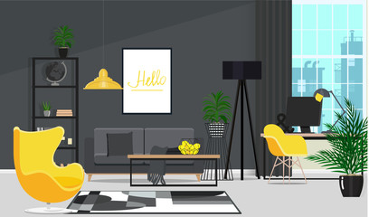 Black interior with a yellow armchair and a working place by the window. Vector flat illustration.