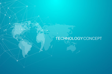 Global network connections with world map. Internet connection background. Abstract connection structure. Polygonal space background. Vector illustration.