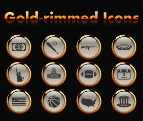 usa gold-rimmed vector icons with black background