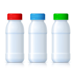 Realistic White plastic bottles with red, green and blue lid.