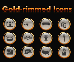 veterans day gold-rimmed vector icons with black background
