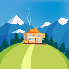 Mountain landscape, house on the mountain, chalet, hotel, vector, illustration, isolated, cartoon style