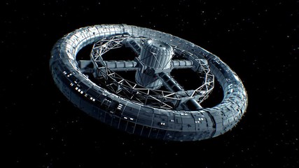 Circular space station. Giant sci-fi torus rotate on stars background, 3d animation. - Powered by Adobe