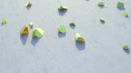 abstract golden geometric crystals. Minimal quartz, stone, gems. Low poly rock background. Natural light. 3d render 