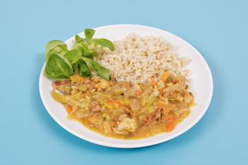 China of soy noodles and leek with rice on a white