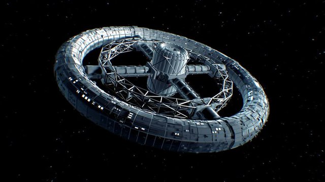 Circular space station. Giant sci-fi torus rotate on stars background, 3d animation.