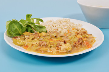 China of soy noodles and leek with rice on a white