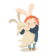 cute girl with bunny vector illustration