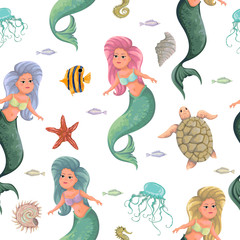 Seamless pattern with mermaid and marine animals. Cartoon sea fauna in watercolor style. Vector illustration 
