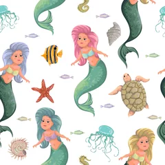 Cercles muraux Animaux marins Modèle sans couture avec sirène et animaux marins. Faune marine de dessin animé dans un style Aquarelle. Illustration vectorielle