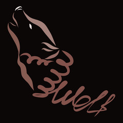 Head of the howling wolf and inscription WOLF, on a black background
