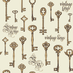 Vector seamless pattern with vintage keys and lettering in retro style. Gothic font. Hand drawn illustration. Wallpaper, wrapping paper or background for clothes