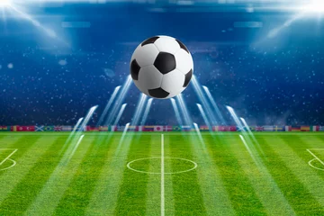 Foto op Plexiglas Voetbal Voetbal, felle schijnwerpers, verlicht groen voetbalstadion