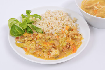 China of soy noodles and leek with rice on a white